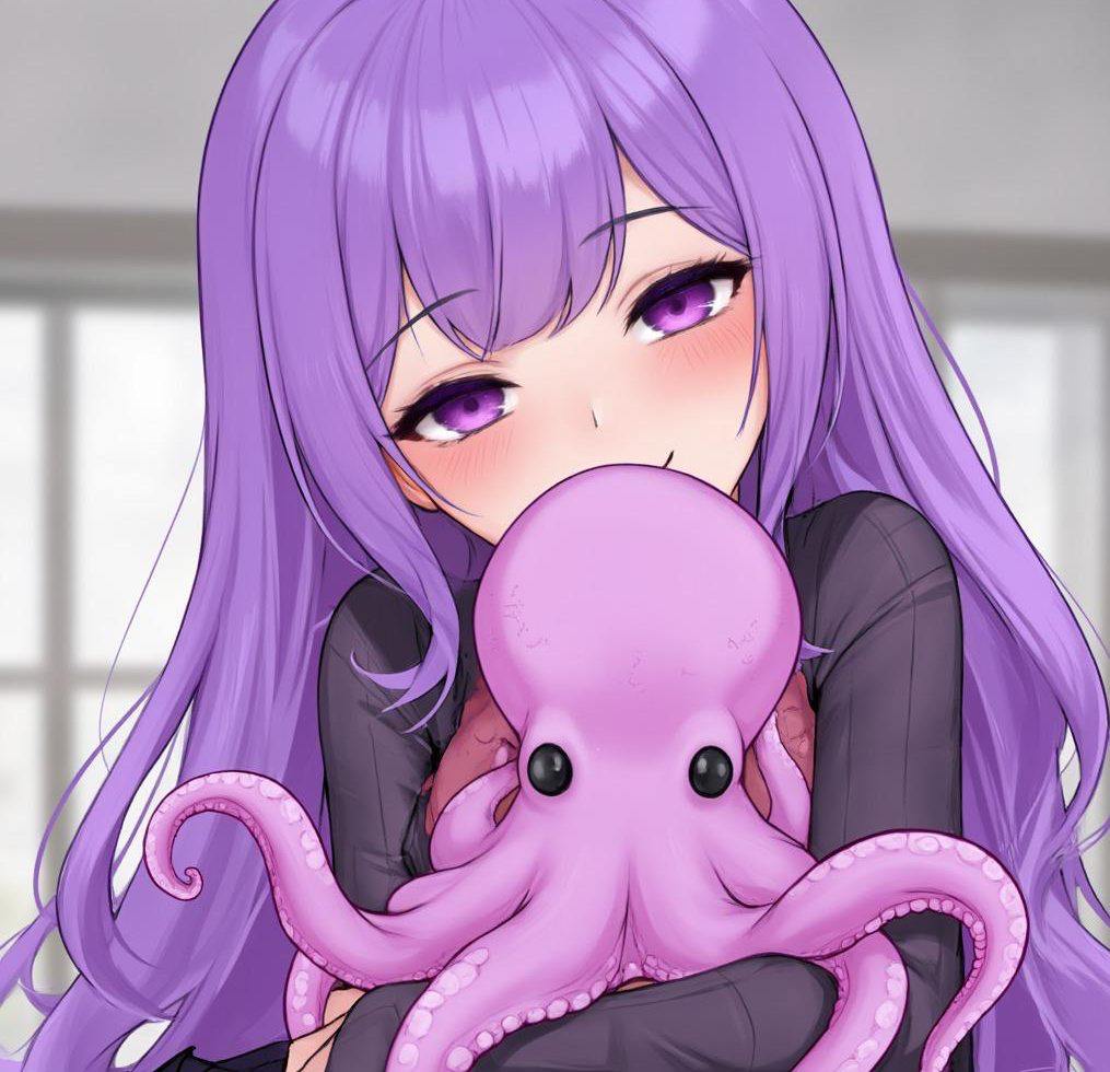 Purple hair girl hugging octopus